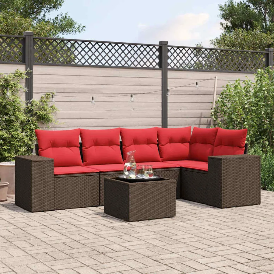 Ensemble de canapé de jardin 6 pcs avec coussins marron résine tressée
