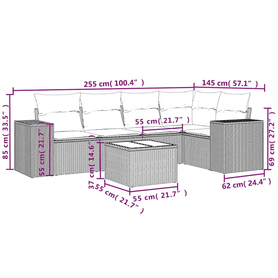 Ensemble de canapé de jardin 6 pcs avec coussins marron résine tressée - 8