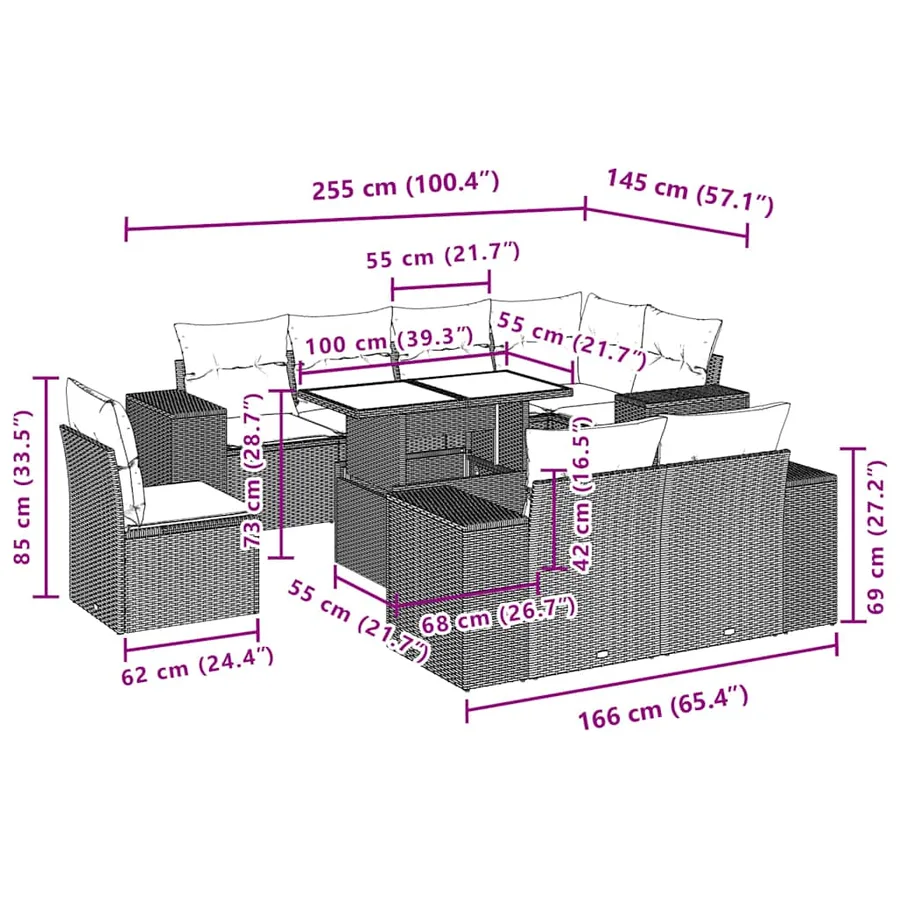 Ensemble de canapé de jardin 9 pcs avec coussins marron résine tressée - 10