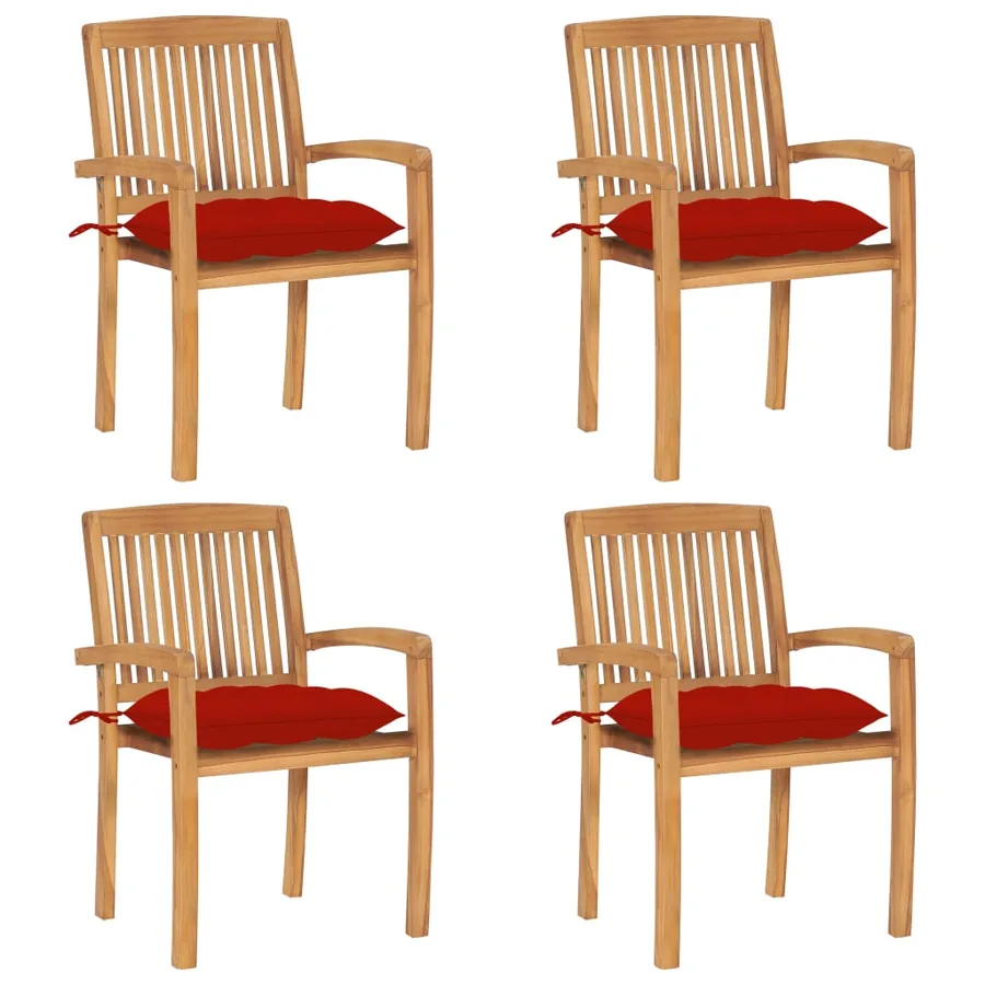 Chaises de jardin empilables avec coussins lot de 4 Teck solide