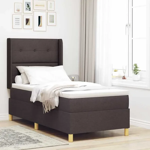 Lit à ressorts avec tête de lit Marron foncé 90 x 200 cm tissu