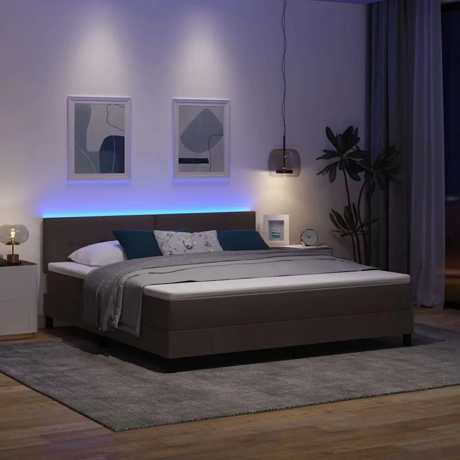 Lit à ressorts avec bandes LED Marron foncé 180 x 200 cm tissu - 5
