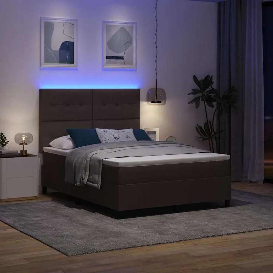 Lit à ressorts avec bandes LED Marron foncé 160 x 200 cm tissu - 5