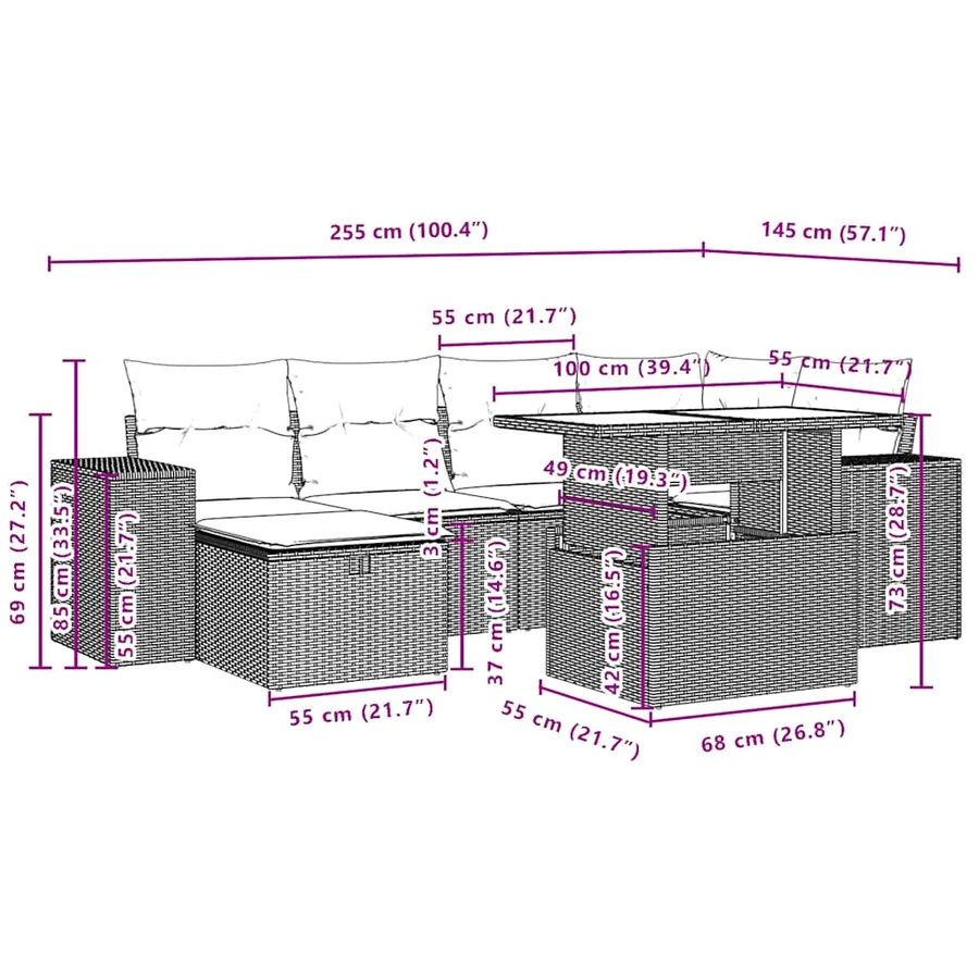 Ensemble de canapé de jardin 7 pcs avec coussins marron résine tressée - 13