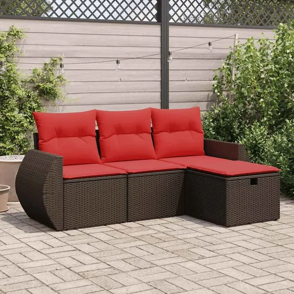 Salon de jardin 4 pcs avec coussins marron résine tressée