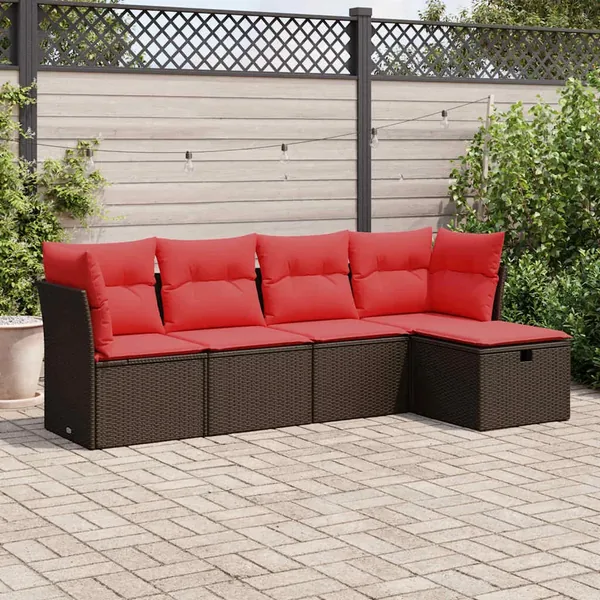 Salon de jardin avec coussins 5 pcs marron résine tressée