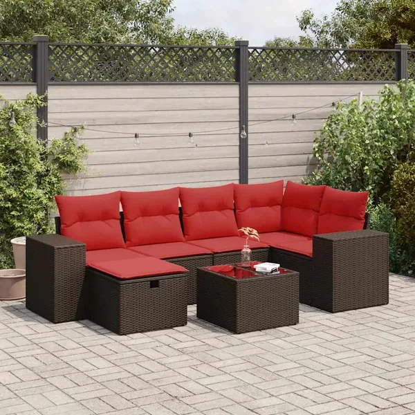 Salon de jardin avec coussins 7 pcs marron résine tressée