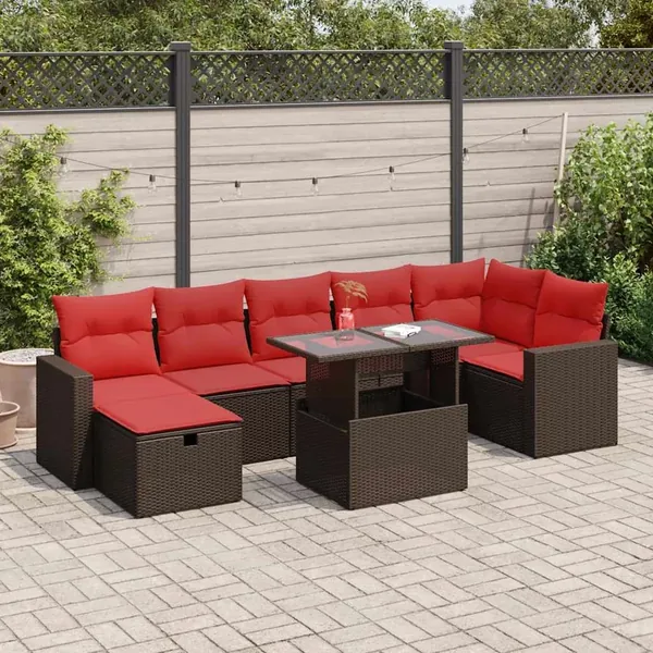 Salon de jardin avec coussins 8 pcs marron résine tressée acacia