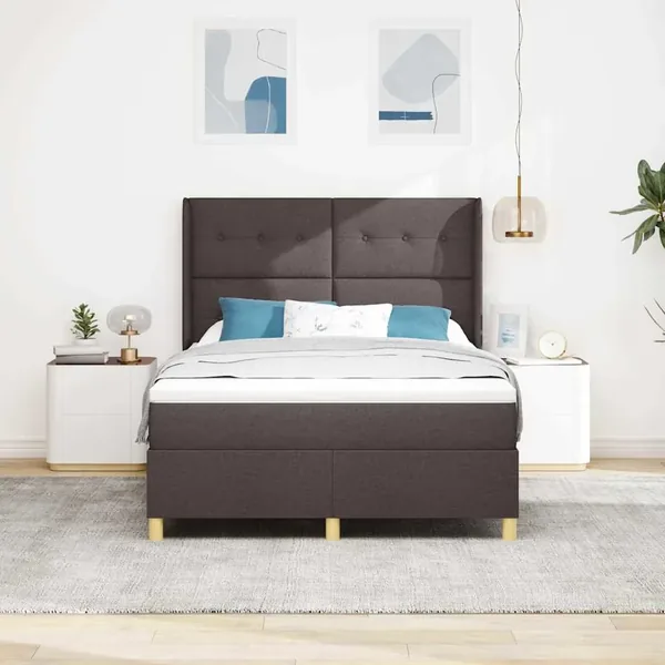 Lit à ressorts avec tête de lit Marron foncé 140 x 200 cm tissu