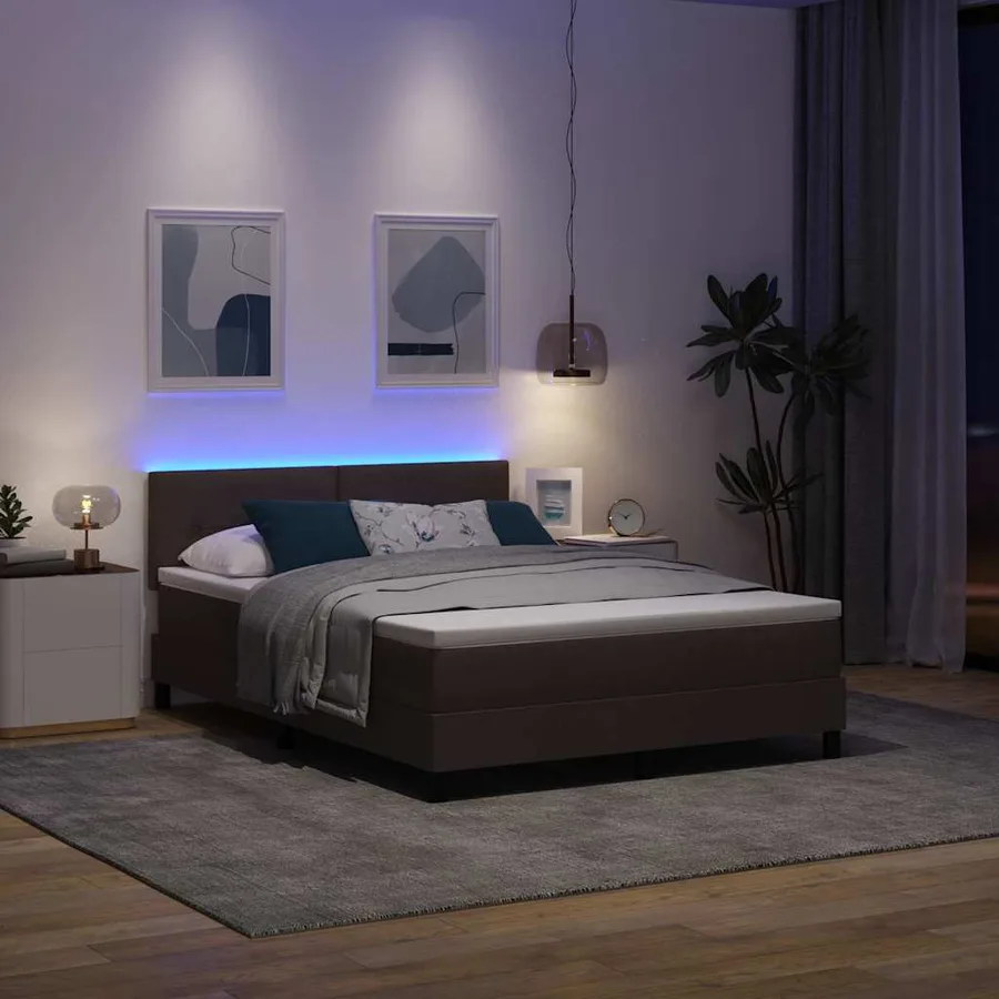 Lit à ressorts avec bandes LED Marron foncé 140 x 200 cm tissu - 5