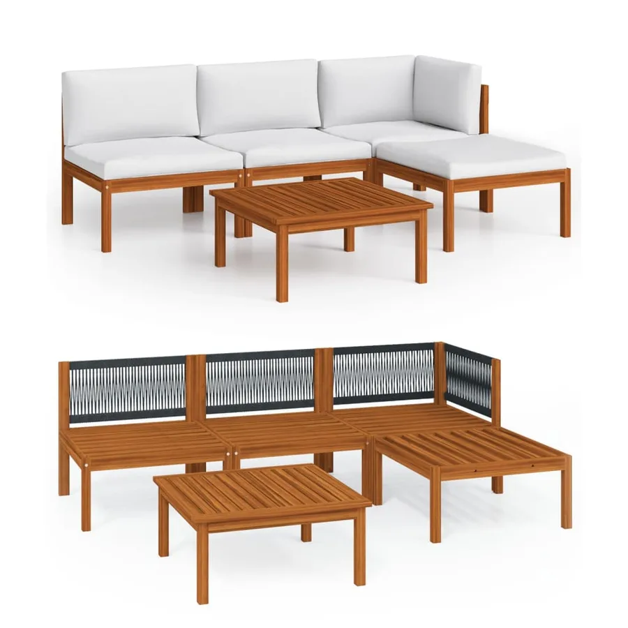 Salon de jardin 5 pièces avec coussins, bois d'acacia crème et corde - 2