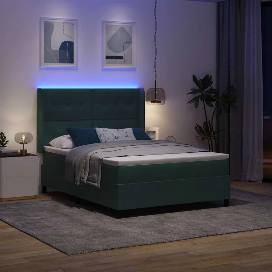 Lit à ressorts avec bandes LED Vert foncé 140 x 200 cm Velours - 5