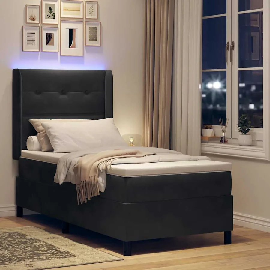 Lit à ressorts avec bandes LED Noir 90 x 190 cm Velours - 5