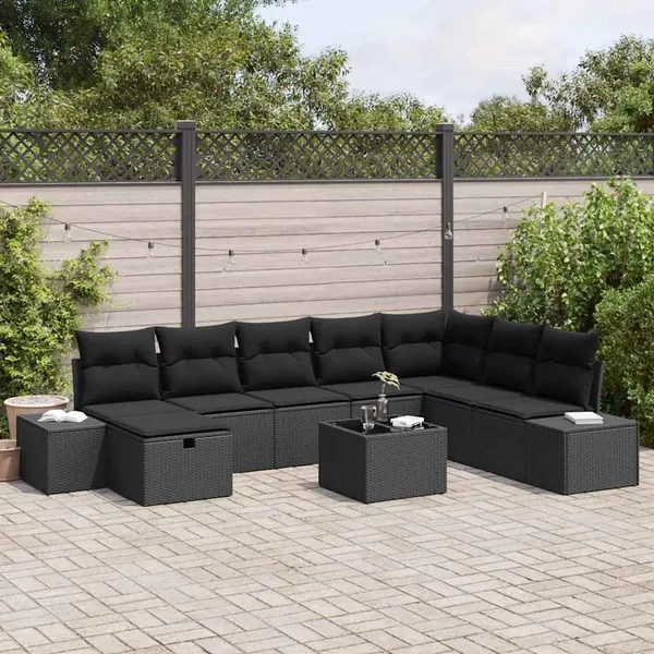 Ensemble de canapé de jardin 9 pcs Noir Poly rotin