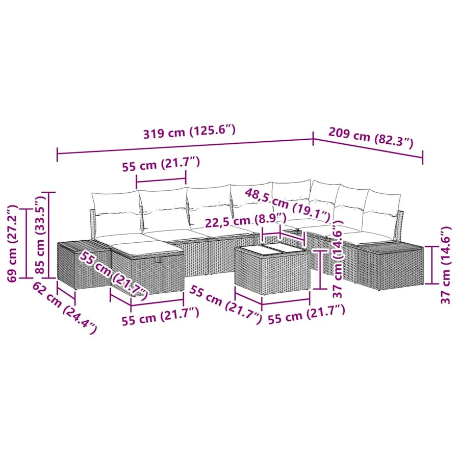 Ensemble de canapé de jardin 9 pcs Noir Poly rotin - 15