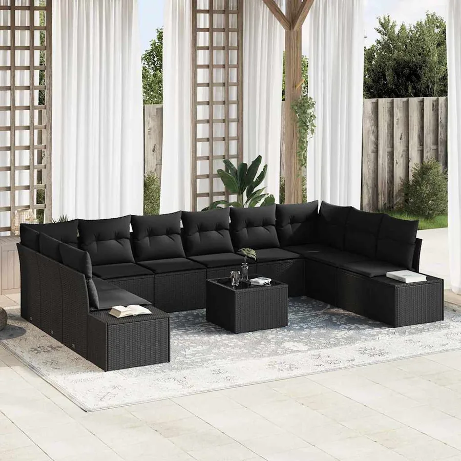 Ensemble de canapé de jardin avec coussin 10 pcs Noir Polyrotin