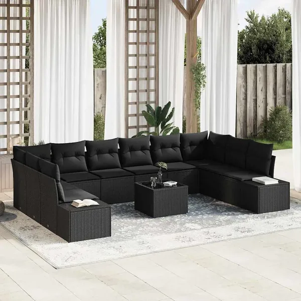 Ensemble de canapé de jardin avec coussin 10 pcs Noir Polyrotin