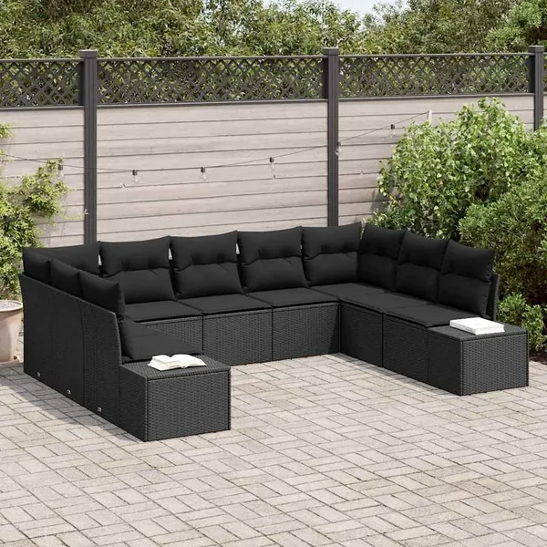 Ensemble de canapé de jardin avec coussin 9 pcs Noir Polyrotin