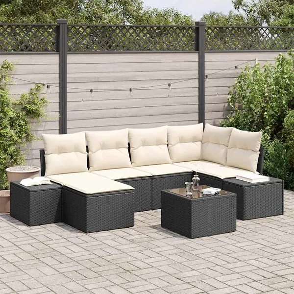 Ensemble de canapé de jardin 6 pcs Noir et Crème polyrotin