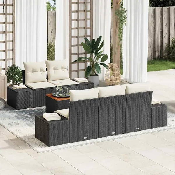 Ensemble de canapé de jardin 6 pcs Noir et Crème polyrotin