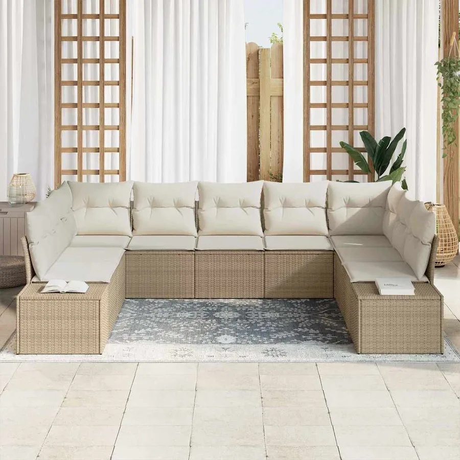 Ensemble de canapé de jardin 9 pcs Beige et crème Polyrotin - 3