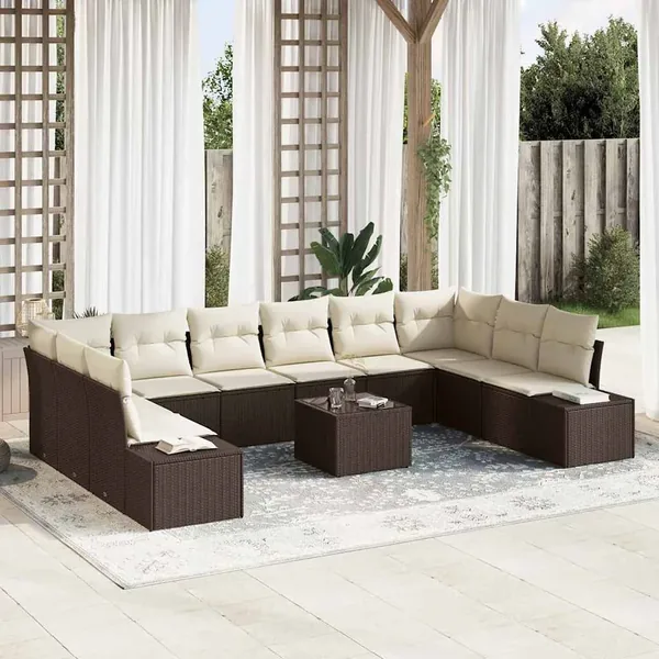 Ensemble de canapé de jardin 10 pcs Marron et Crème Polyrotin