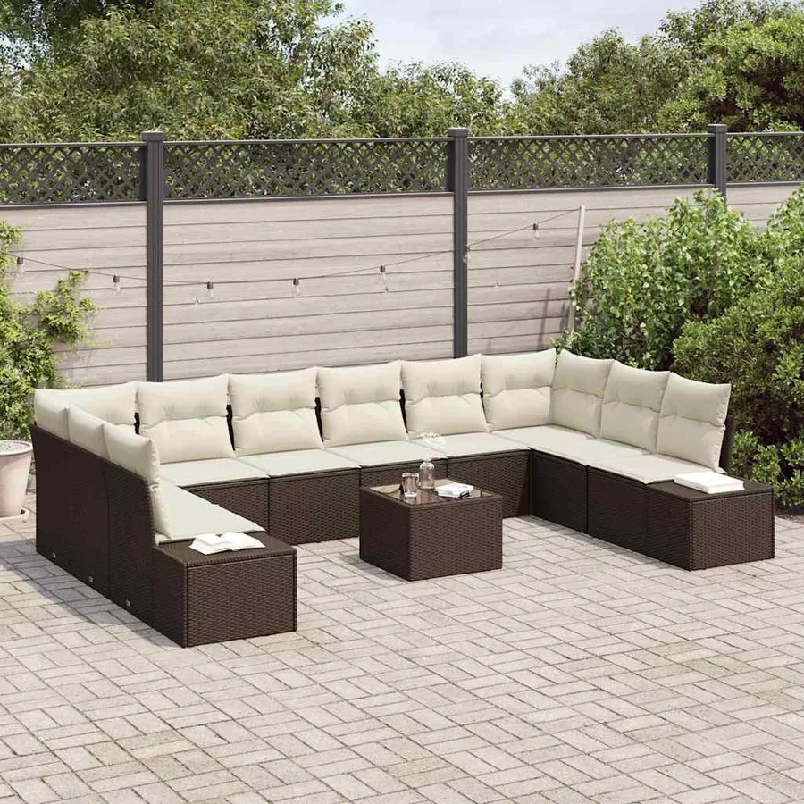 Ensemble de canapé de jardin 10 pcs Marron et Crème Polyrotin - 3