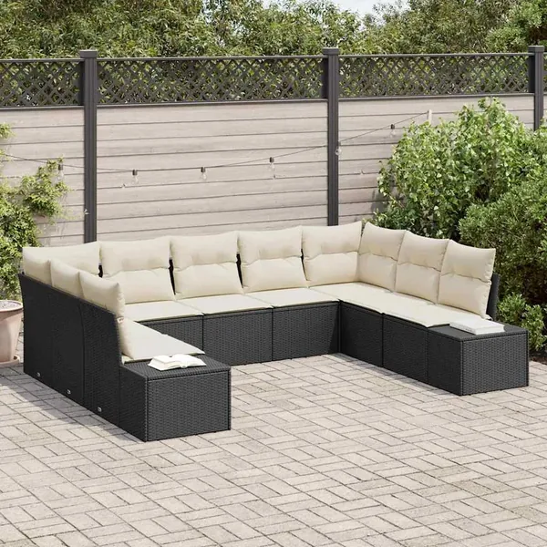 Ensemble de canapé de jardin 9 pcs Noir et Crème Polyrotin