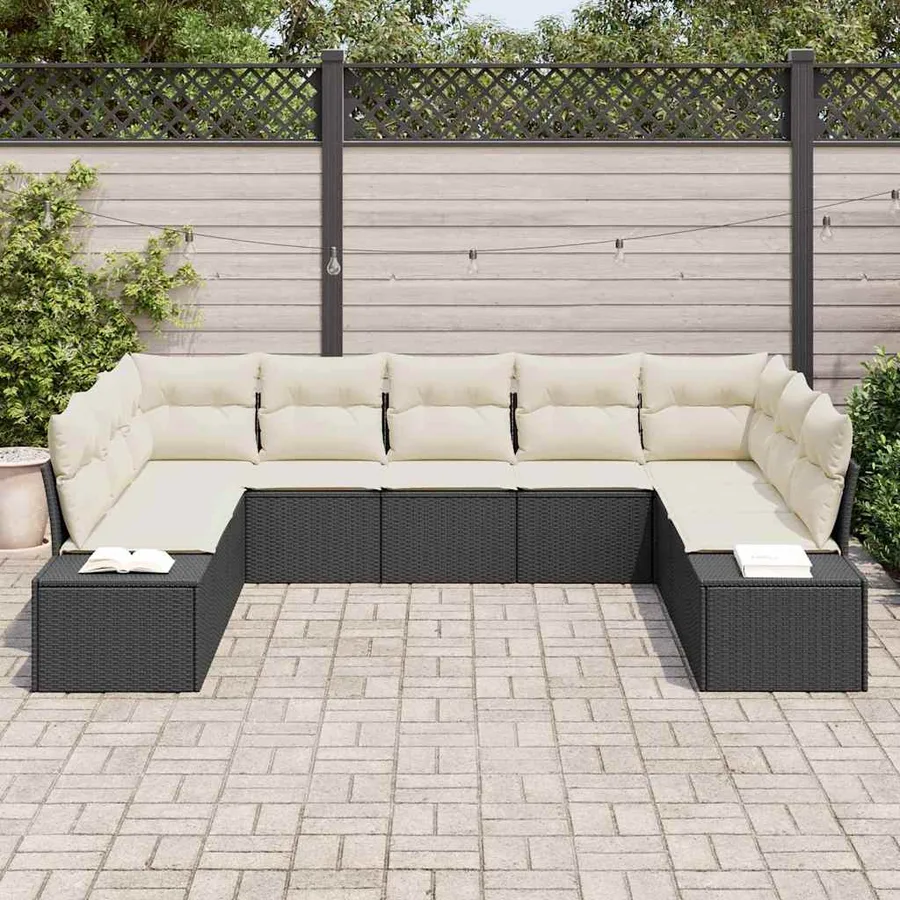 Ensemble de canapé de jardin 9 pcs Noir et Crème Polyrotin - 3