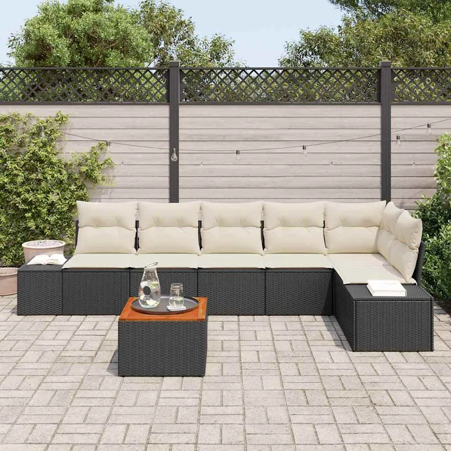 Ensemble de canapé de jardin 7 pcs Noir et Crème polyrotin - 3