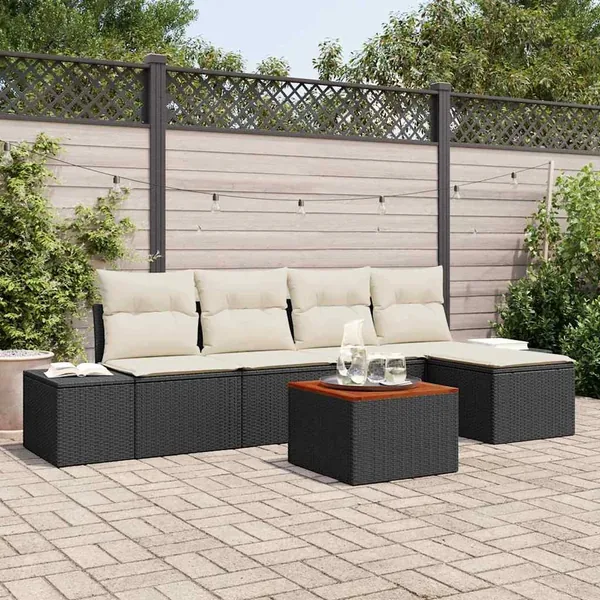 Ensemble de canapé de jardin 6 pcs Noir et Crème polyrotin