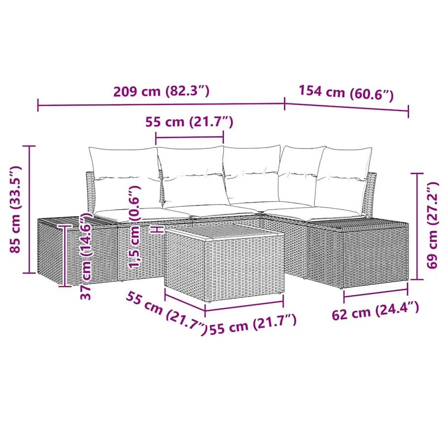 Ensemble de canapé de jardin 5 pcs Noir et Crème polyrotin - 13