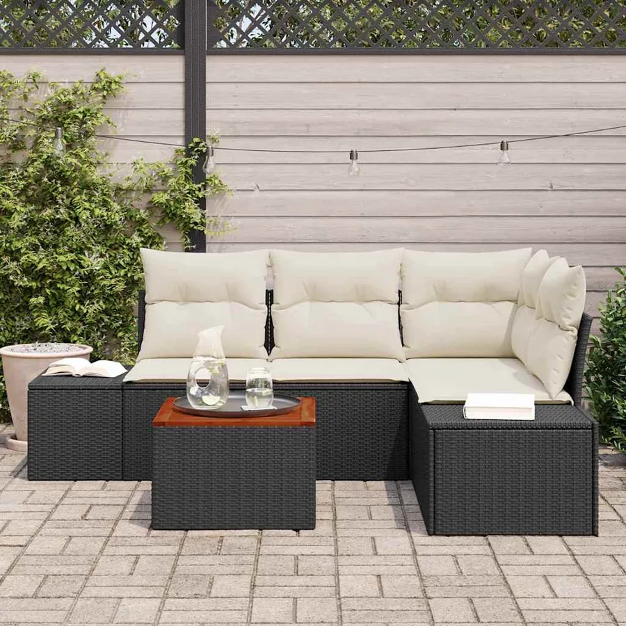 Ensemble de canapé de jardin 5 pcs Noir et Crème polyrotin - 3