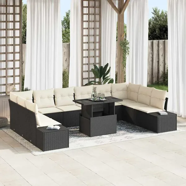 Ensemble de canapé de jardin 11 pcs Noir Poly rotin