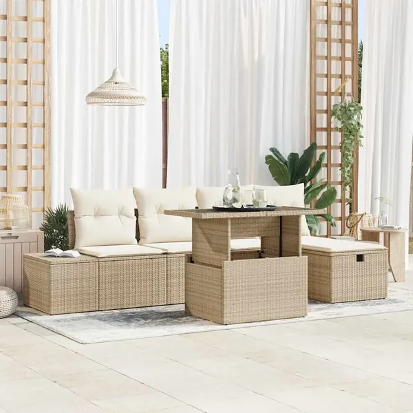 Ensemble de canapé de jardin 6 pcs Beige polyrotin