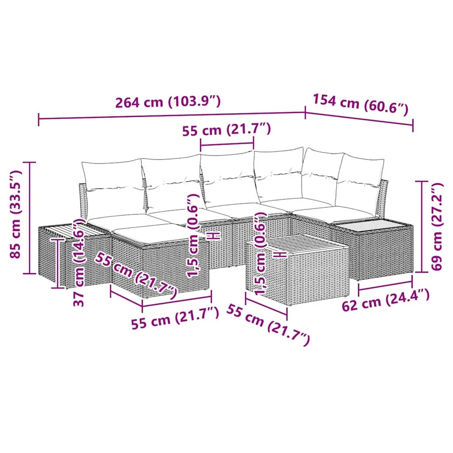 Ensemble de canapé de jardin avec coussin 7 pcs Beige polyrotin - 10