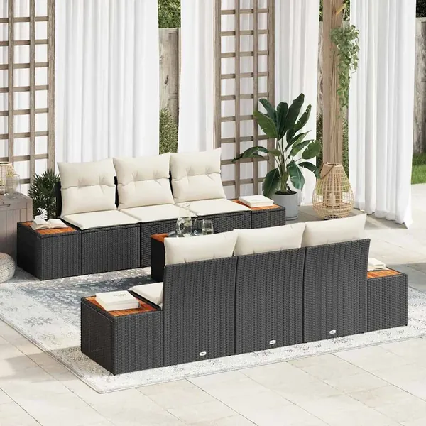 Ensemble de canapé de jardin avec coussin 7 pcs Noir Poly rotin