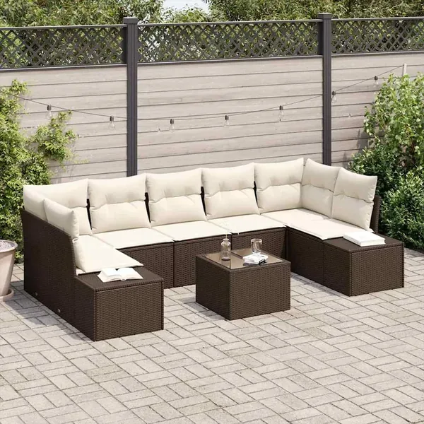 Ensemble de canapé de jardin 8 pcs Marron et Crème polyrotin