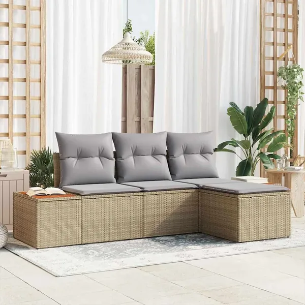 Ensemble de canapé de jardin avec coussin 4 pcs Beige polyrotin