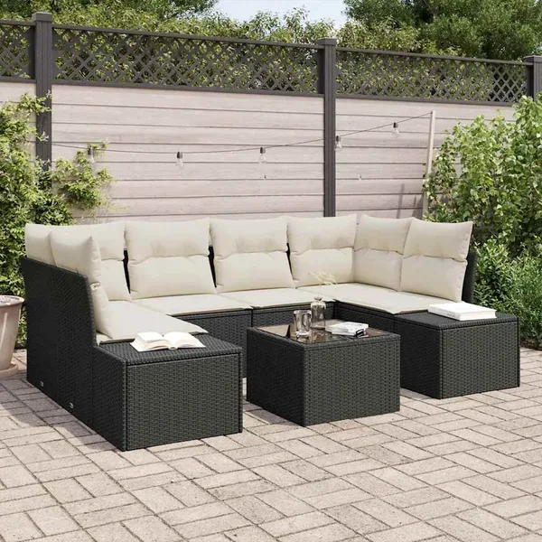 Ensemble de canapé de jardin 8 pcs Noir et Crème polyrotin