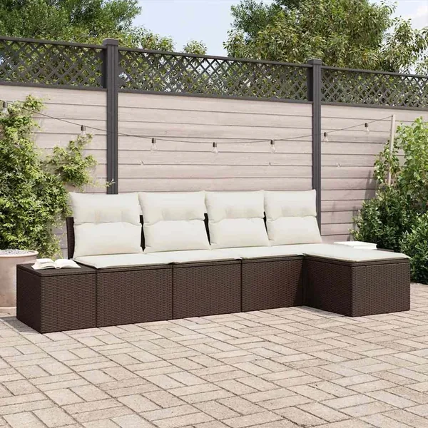 Ensemble de canapé de jardin 5 pcs Marron et Crème polyrotin