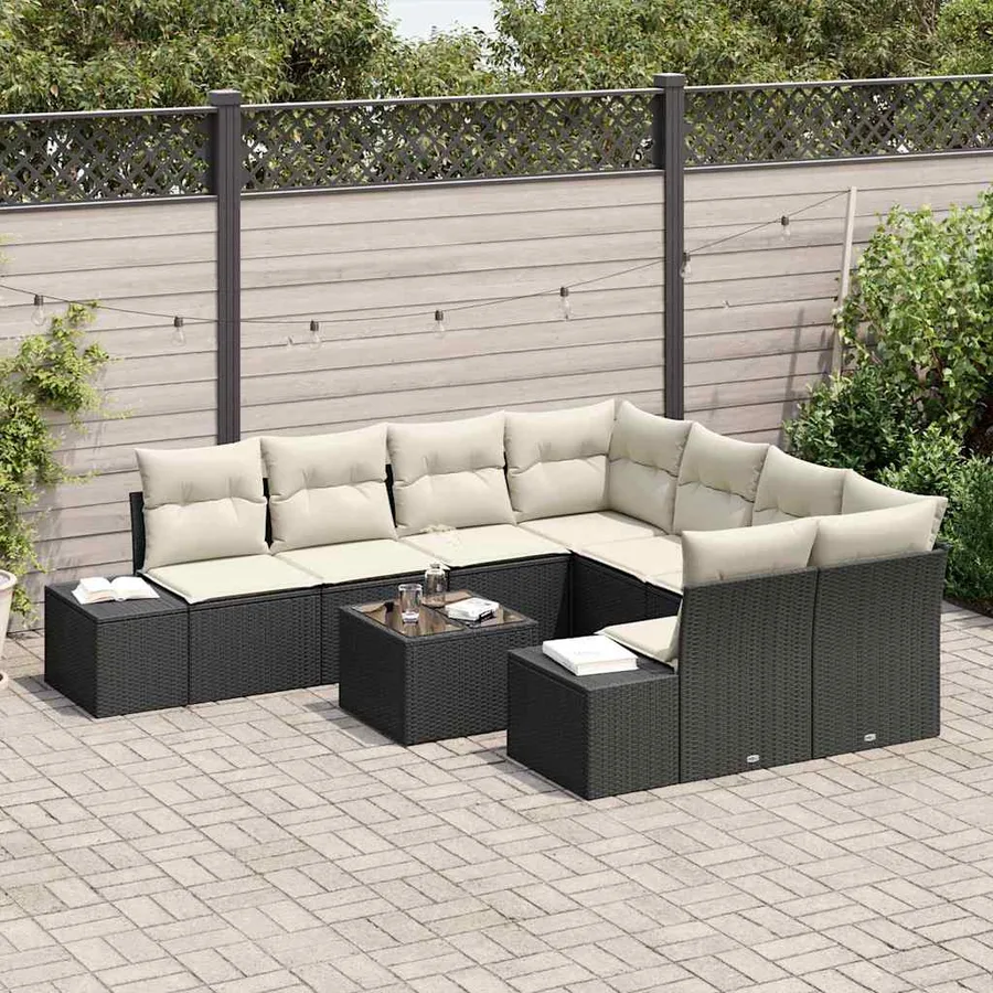Ensemble de canapé de jardin 9 pcs Noir et Crème polyrotin - 3