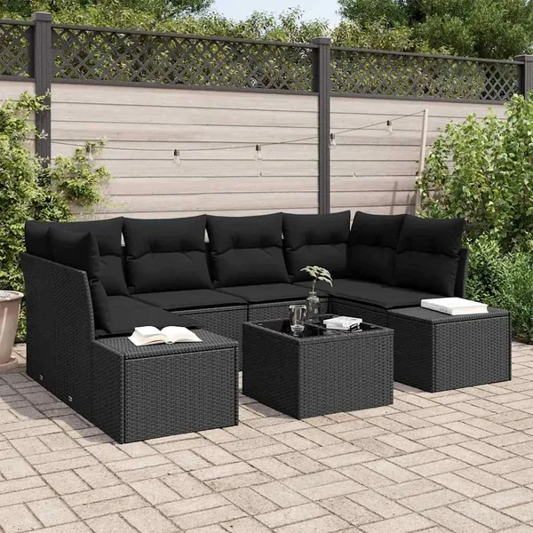Ensemble de canapé de jardin avec coussin 7 pcs Noir polyrotin