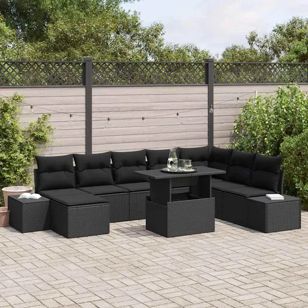 Ensemble de canapé de jardin avec coussin 9 pcs Noir polyrotin