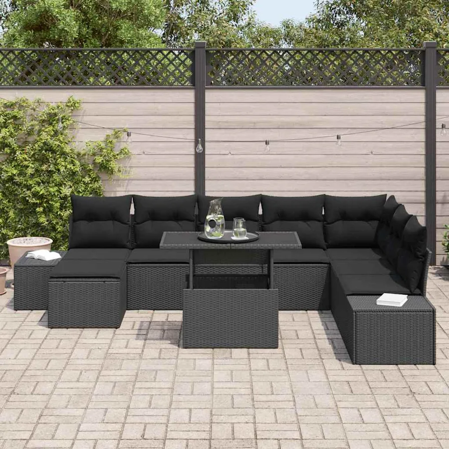 Ensemble de canapé de jardin avec coussin 9 pcs Noir polyrotin - 3