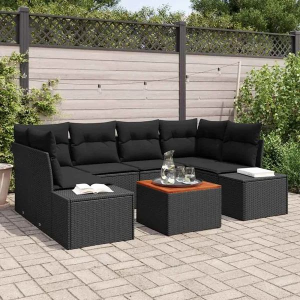 Ensemble de canapé de jardin avec coussin 7 pcs Noir polyrotin