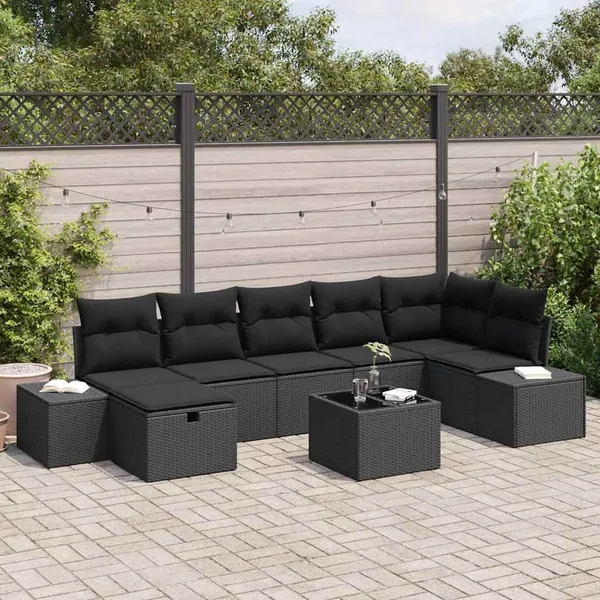 Ensemble de canapé de jardin avec coussin 8 pcs Noir polyrotin