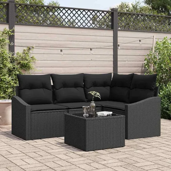 Ensemble de canapé de jardin avec coussin 5 pcs Noir polyrotin