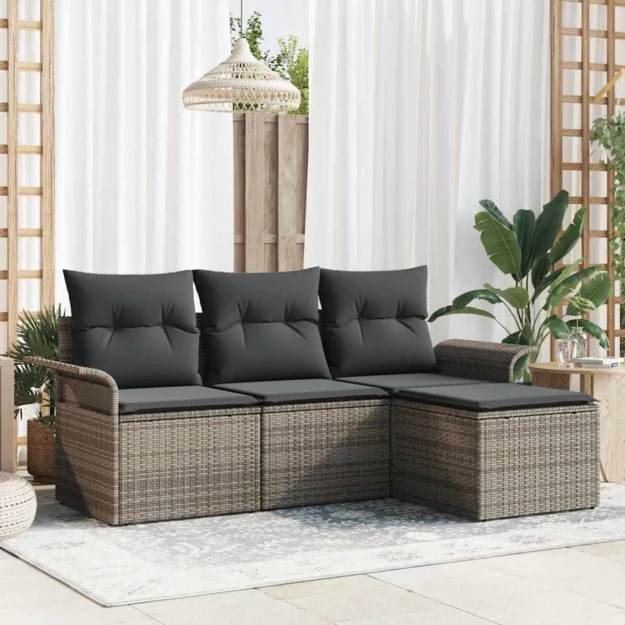 Ensemble de Canapés avec coussin 4 pcs Gris polyrotin