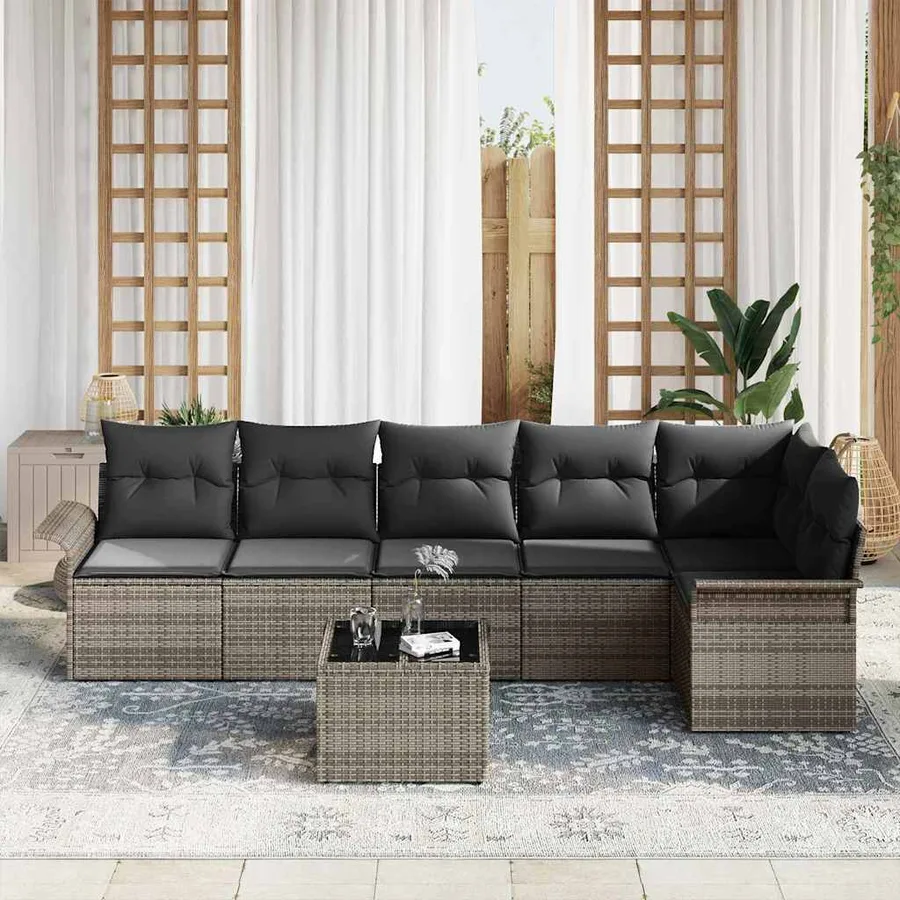 Ensemble de canapé de jardin avec coussin 7 pcs Gris polyrotin - 3